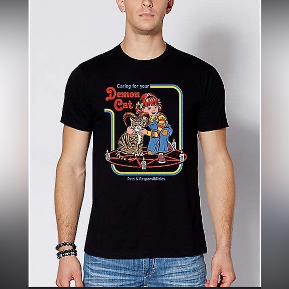 Steven Rhodes Demon Cat Graphic Black T-Shirt - Medium